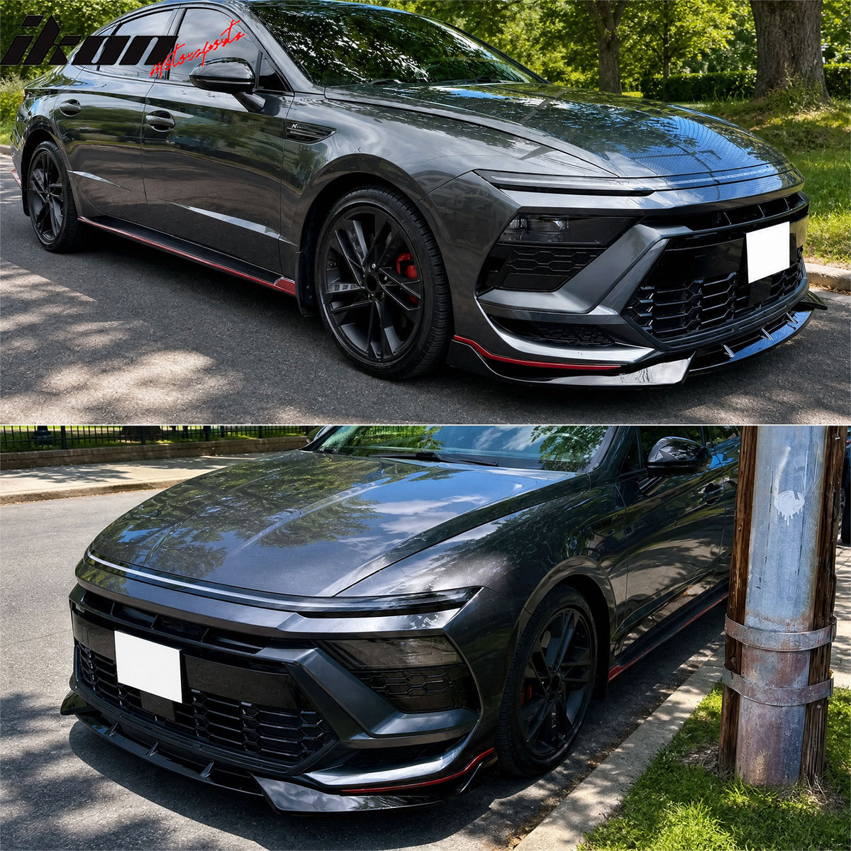 IKON MOTORSPORTS Front Bumper Lip, Compatible with 2024-2025 Hyundai Sonata N Line, IKON V1 Style Gloss Black PP Polypropylene Air Dam Chin Spoiler Protector Splitter 3PCS