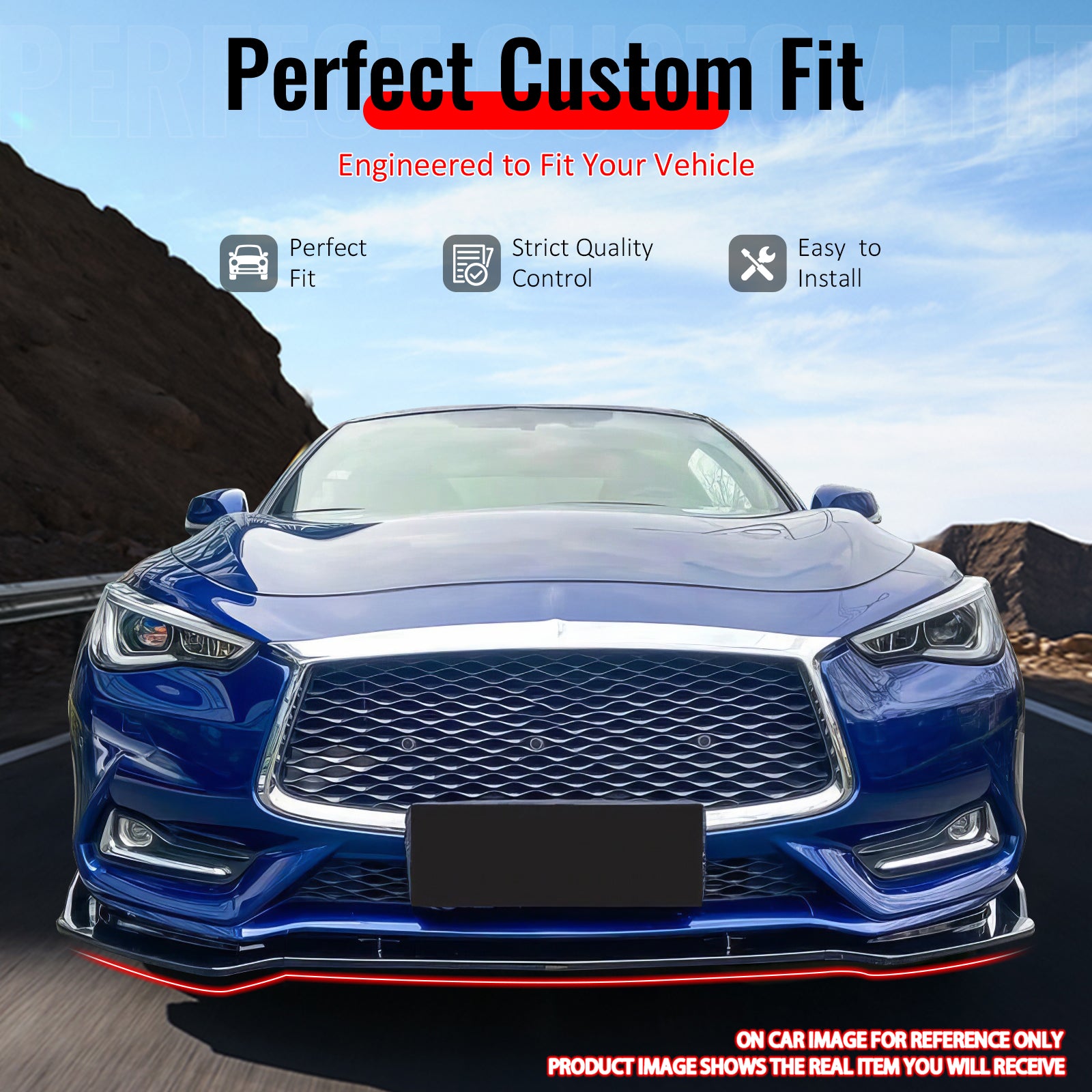 IKON MOTORSPORTS Front Bumper Lip, Compatible with 2017-2022 INFINITI Q60, V2 JDM Style Carbon Fiber Print PP Injection Added-on Air Dam Chin Spoiler Protector Splitter 3PCS