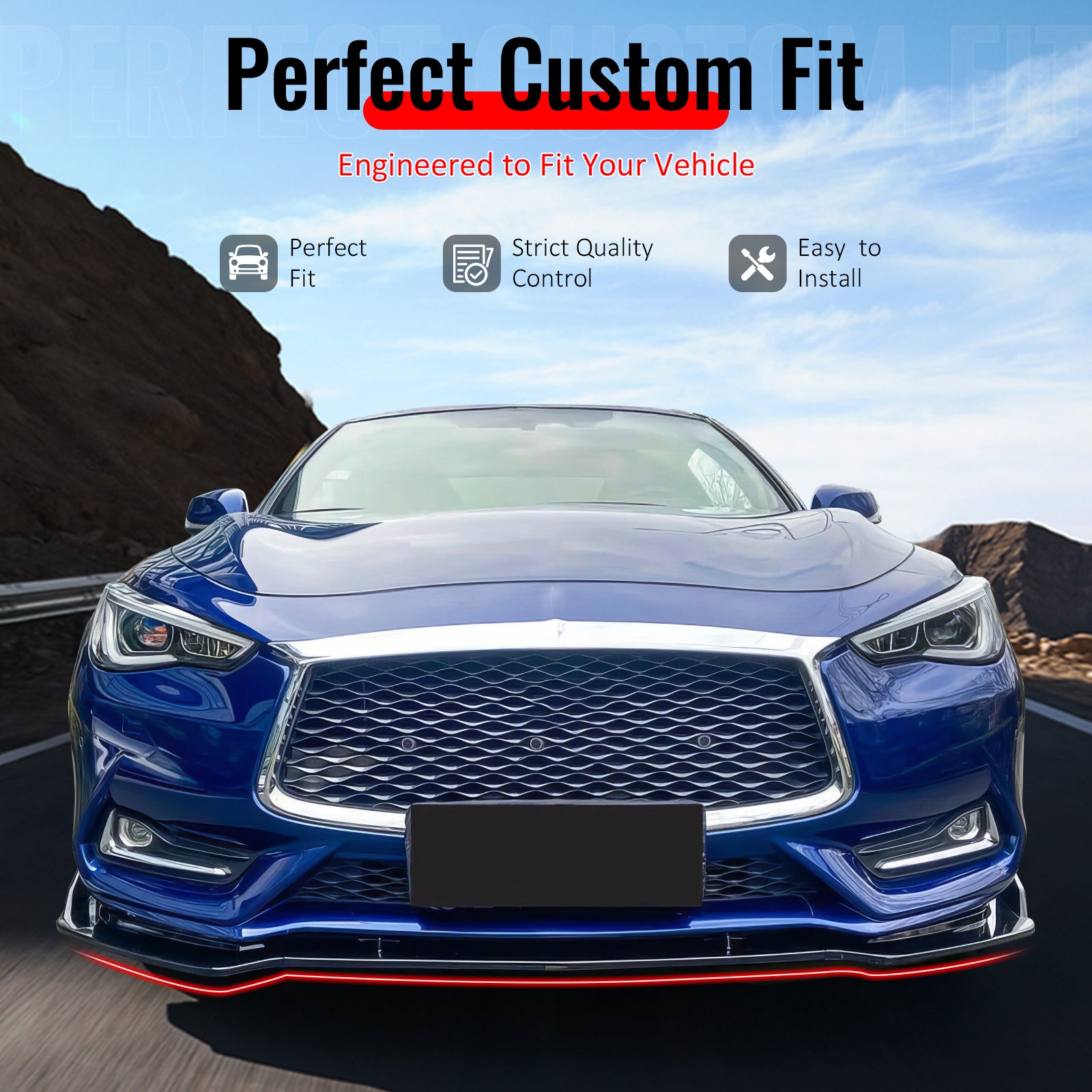 IKON MOTORSPORTS Front Bumper Lip, Compatible with 2017-2022 INFINITI Q60, V2 JDM Style Gloss Black PP Injection Added-on Air Dam Chin Spoiler Protector Splitter 3PCS