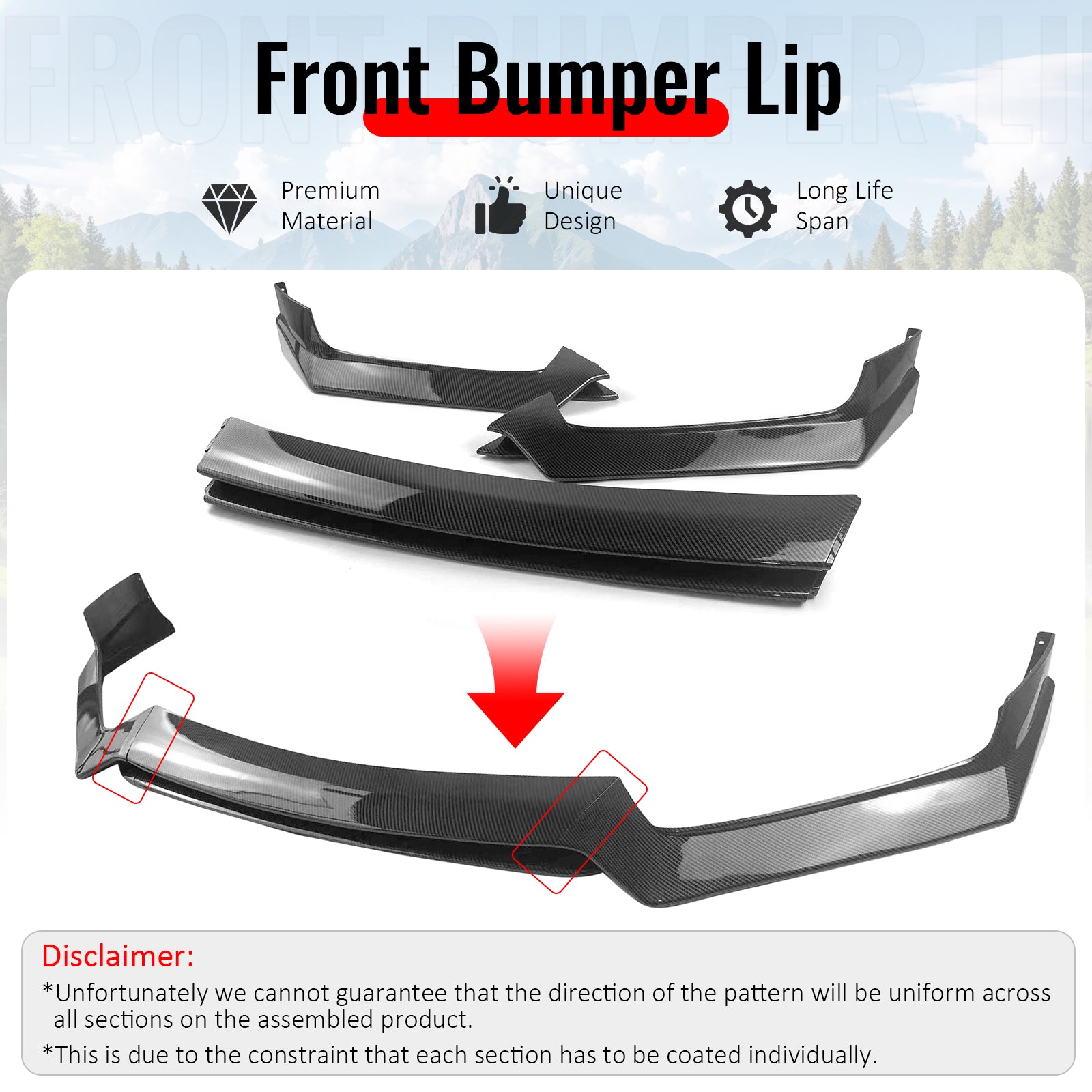 Fits 17-22 INFINITI Q60 V37 RS JDM Style Front Bumper Lip Carbon Fiber Print 3PC