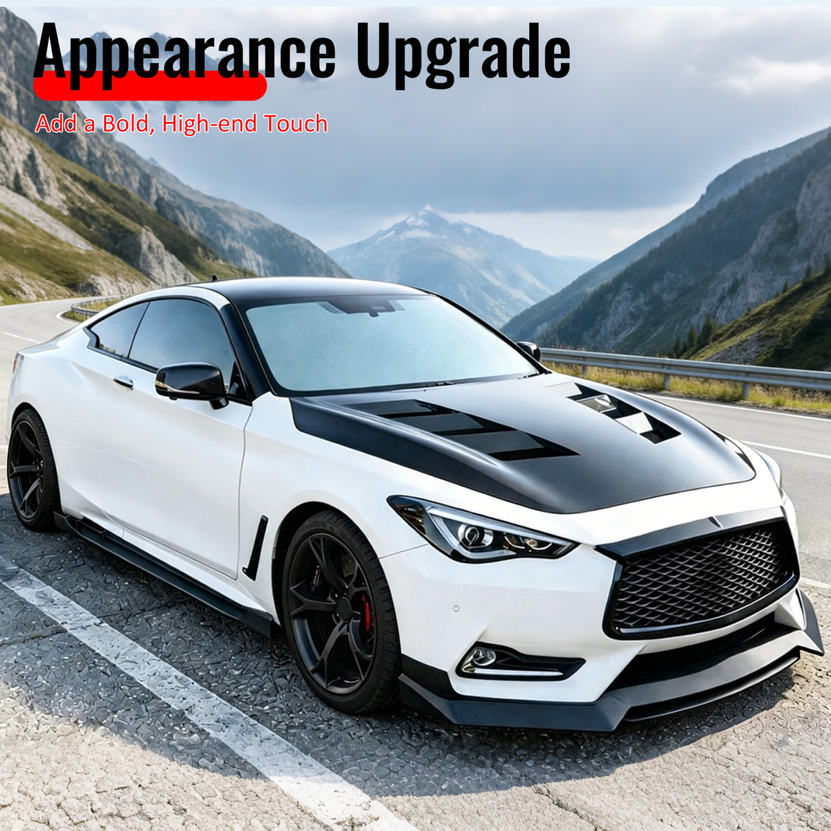 Fits 17-22 INFINITI Q60 V37 RS JDM Style Front Bumper Lip Chin Gloss Black 3PCS