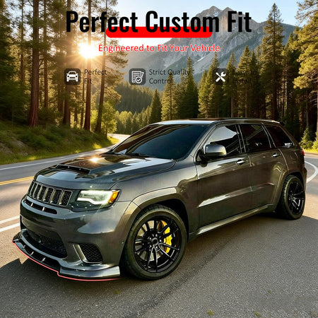 IKON MOTORSPORTS Front Bumper Lip, Compatible with 2017-2021 Jeep Grand Cherokee SRT & Trackhawk Models Only, IKON Style Carbon Fiber Print PP Add-on Air Dam Chin Spoiler Protector Splitter 3PCS