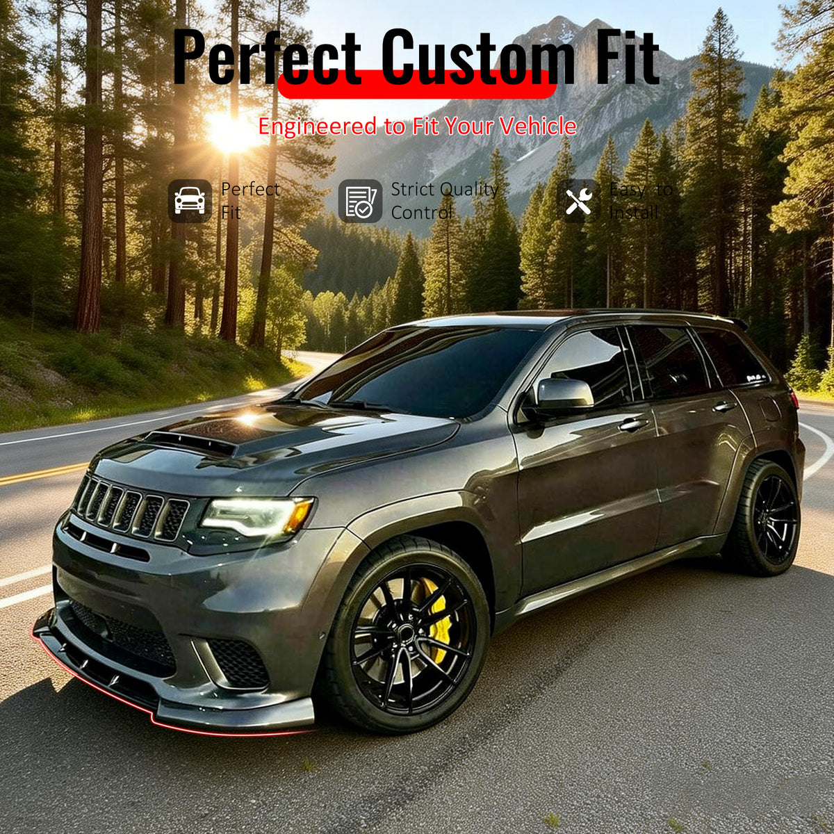 IKON MOTORSPORTS Front Bumper Lip, Compatible with 2017-2021 Jeep Grand Cherokee SRT & Trackhawk Models Only, IKON Style Matte Black PP Add-on Air Dam Chin Spoiler Protector Splitter 3PCS