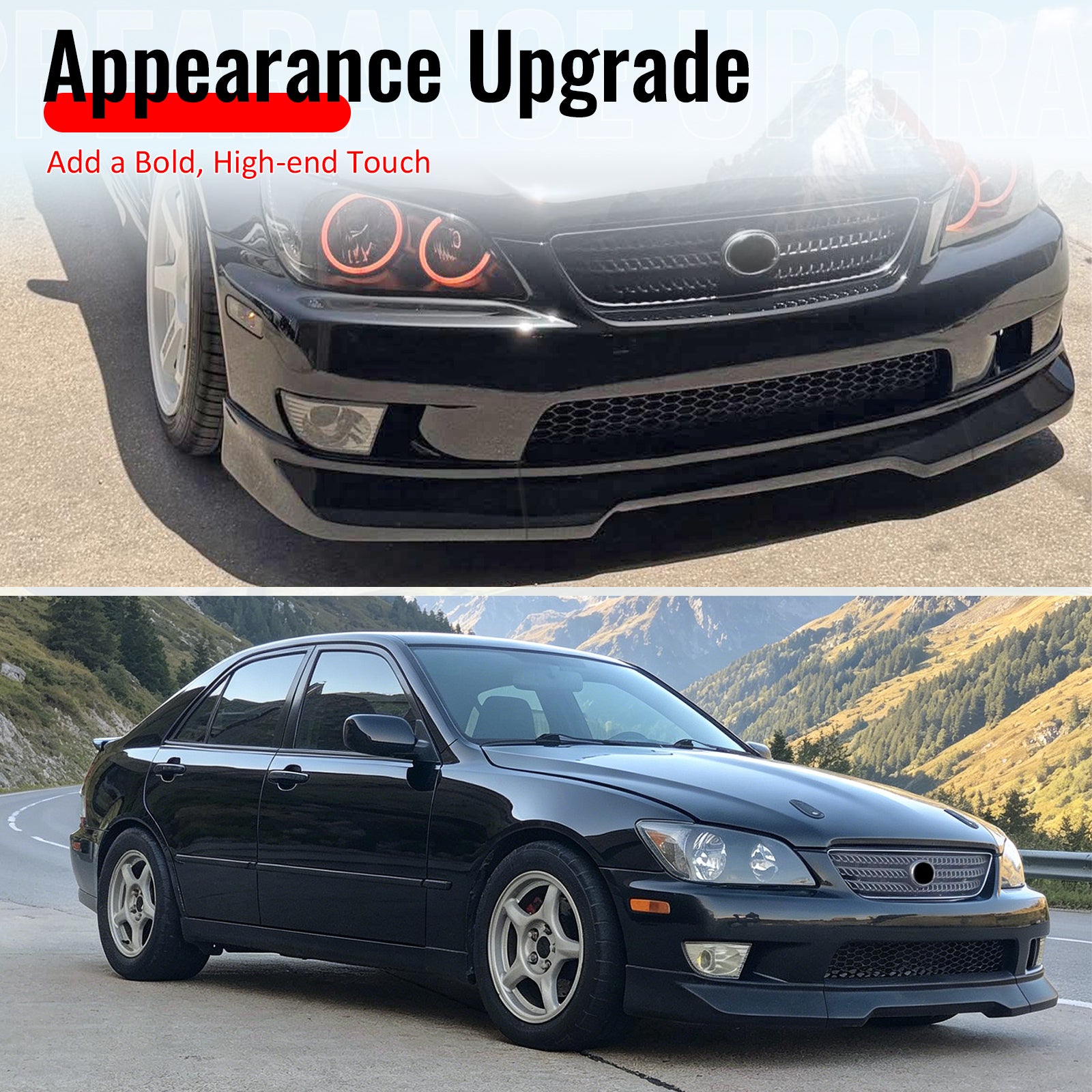 Fits 01-05 Lexus IS300 GR Style Front Bumper Lip Spoiler Gloss Black PP 3PCS Set