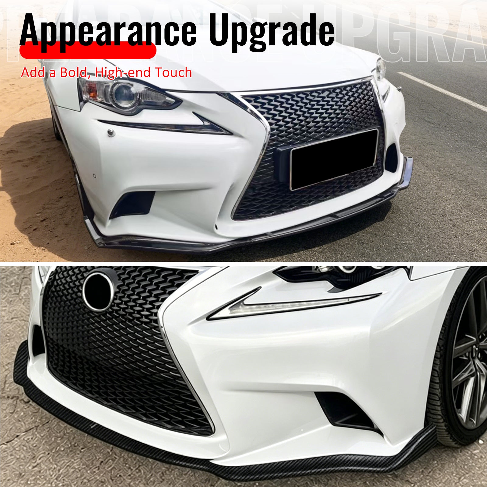 Fits 14-16 Lexus IS F Sport Sedan IKON 2 Style Front Bumper Lip Gloss Black 3PCS