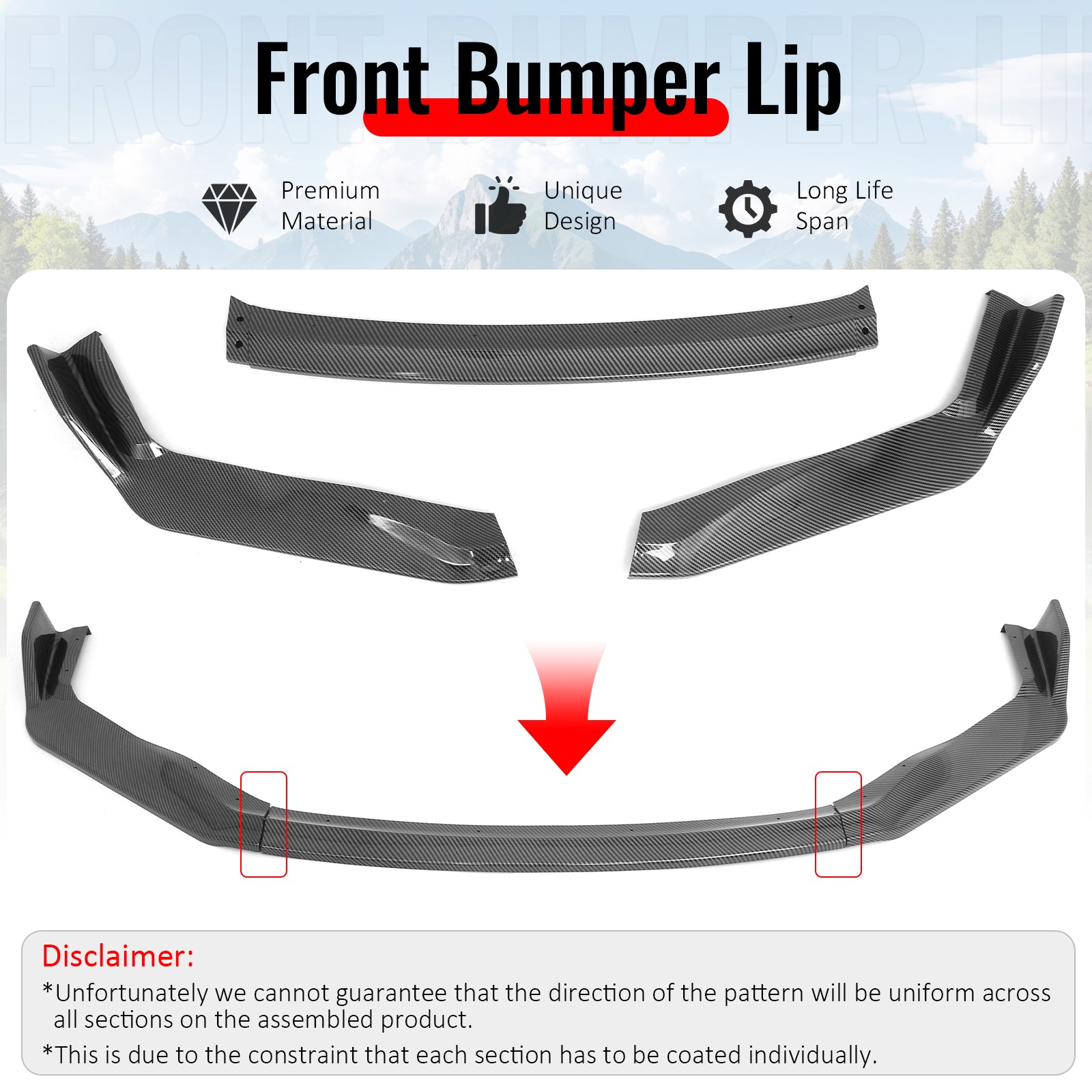 Fits 17-20 Lexus IS IKON Style PP Front Bumper Lip Carbon Fiber Print 3PCS Set
