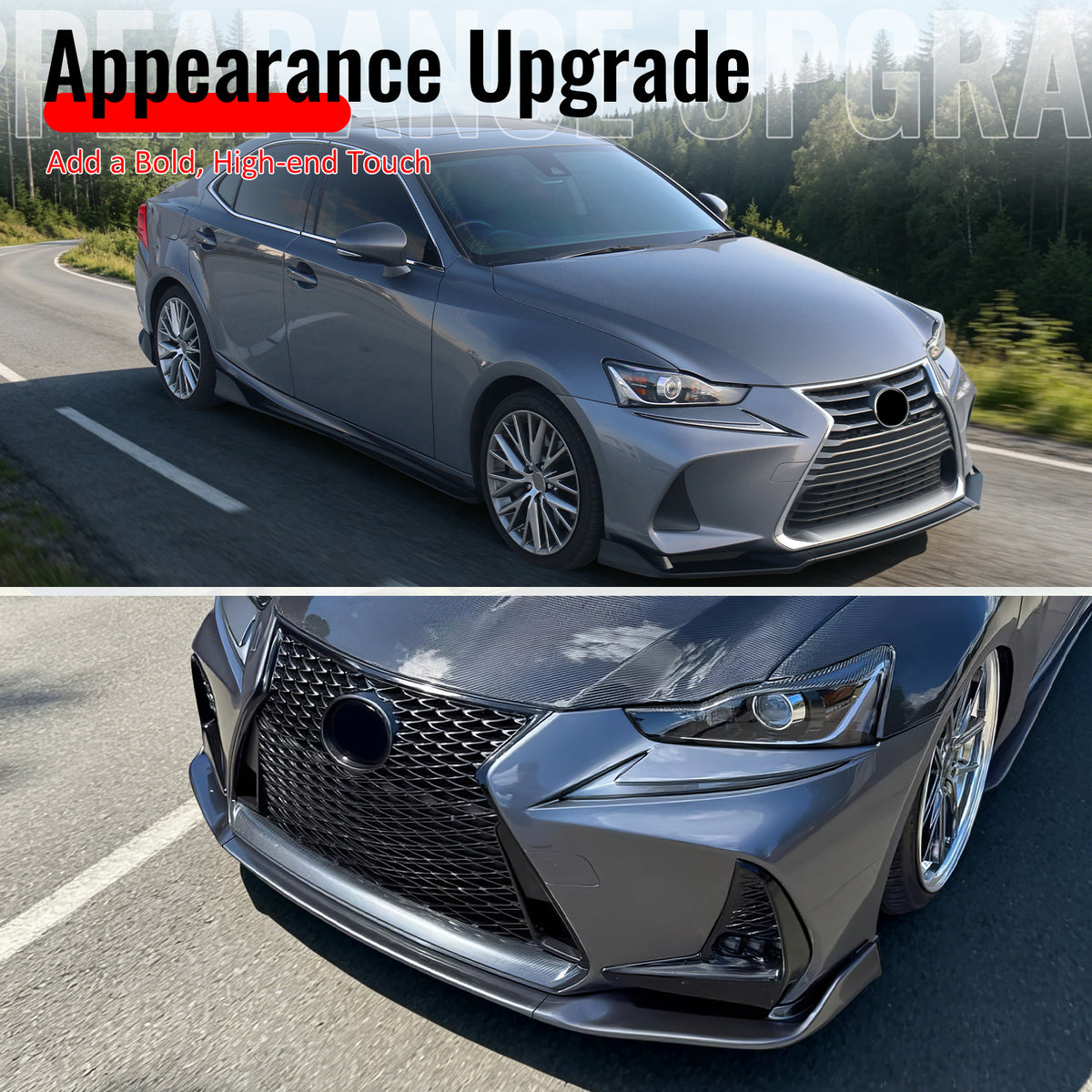 Fits 17-20 Lexus IS IKON Style PP Front Bumper Lip Carbon Fiber Print 3PCS Set