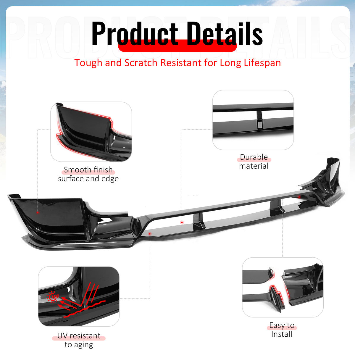 Fits 20-26 Land Rover Defender 90/110/130 Front Bumper Lip Gloss Black Spoiler