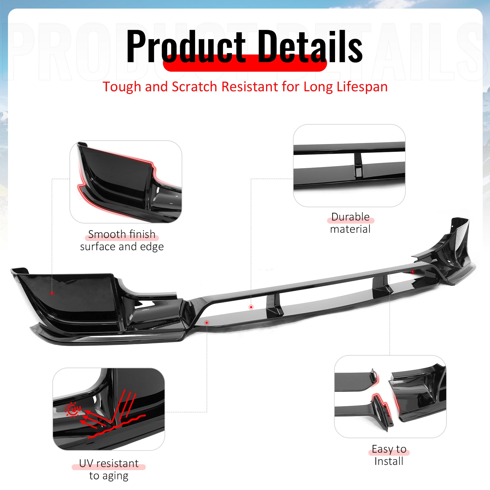 Fits 20-26 Land Rover Defender 90/110/130 Front Bumper Lip Gloss Black Spoiler