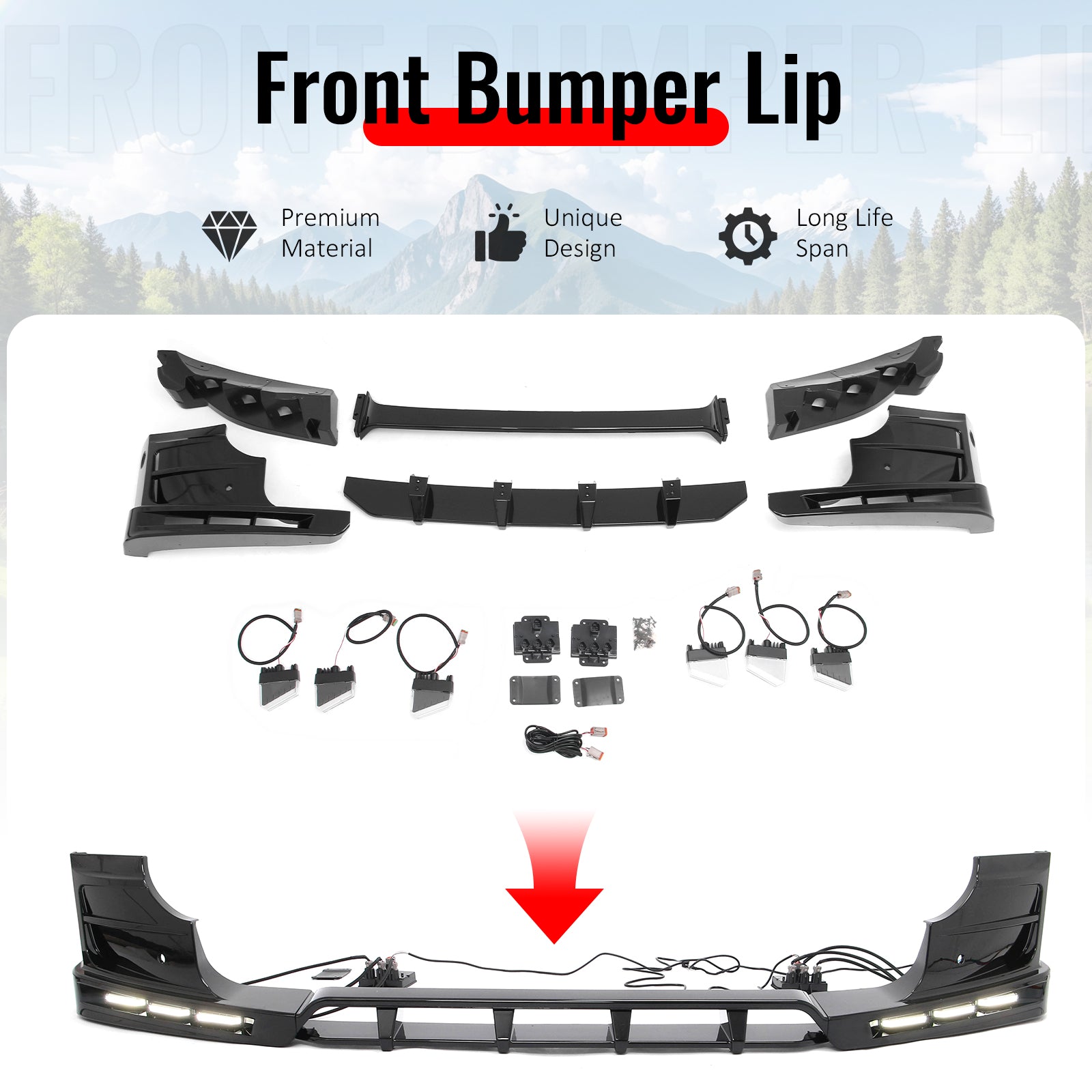 Fits 20-26 Land Rover Defender 90/110/130 Front Bumper Lip Gloss LED DRL Spoiler