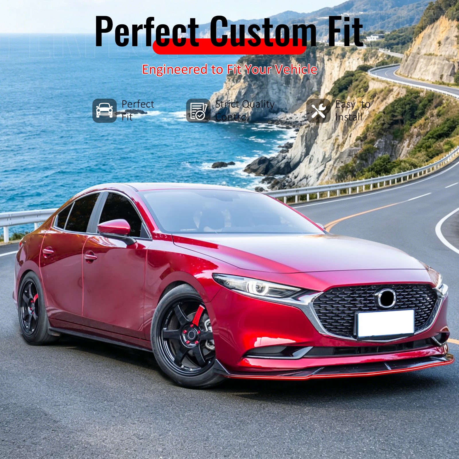 IKON MOTORSPORTS Front Bumper Lip, Compatible with 2019-2026 Mazda 3 Sedan 4-Door, IKON Style Gloss Black PP Polypropylene Add-on Air Dam Chin Spoiler Protector Splitter 3PCS