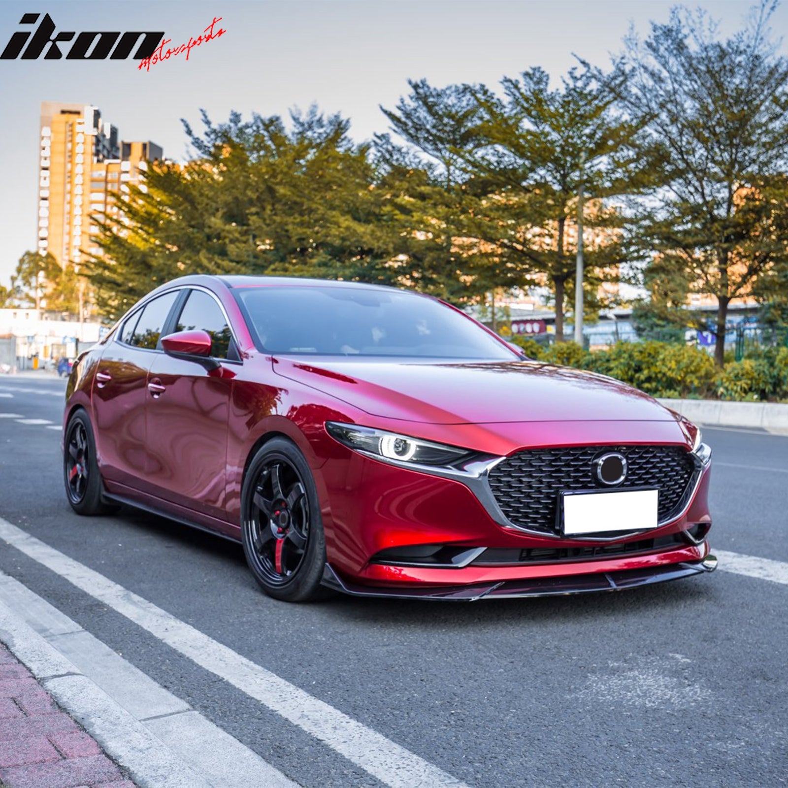 For 19-26 Mazda 3 Sedan IKON Style Front Bumper Lip Chin Spoiler Gloss Black 3PC