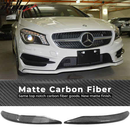 IKON MOTORSPORTS, Front Splitters Compatible With 2013-2016 Mercedes-Benz W117 CLA Class Sedan , Matte Carbon Fiber Piecha Style Front Bumper Lip Chin Spoiler Wing 2PC, 2014 2015