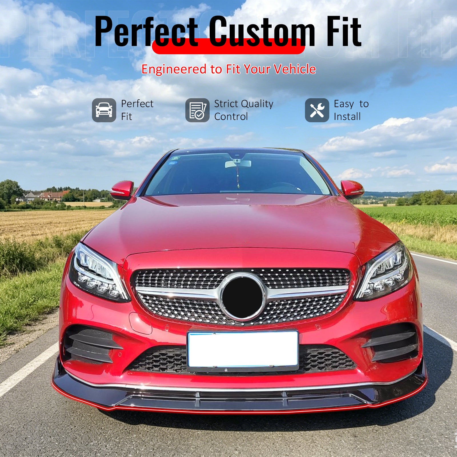 IKON MOTORSPORTS Front Bumper Lip, Compatible with 2019-2022 Benz W205 C-Class C180 C200 C300 Sedan C43 AMG, BR Style Gloss Black PP Add-on Air Dam Chin Spoiler Protector Splitter 3PCS