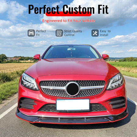 IKON MOTORSPORTS Front Bumper Lip, Compatible with 2019-2022 Benz W205 C-Class C180 C200 C300 Sedan C43 AMG, BR Style Gloss Black PP Add-on Air Dam Chin Spoiler Protector Splitter 3PCS