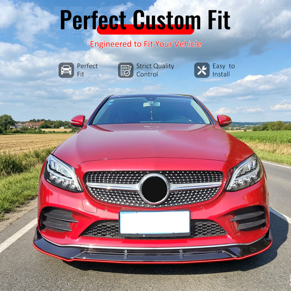 IKON MOTORSPORTS Front Bumper Lip, Compatible with 2019-2022 Benz W205 C-Class C180 C200 C300 Sedan C43 AMG, BR Style Carbon Fiber Print PP Add-on Air Dam Chin Spoiler Protector Splitter 3PCS