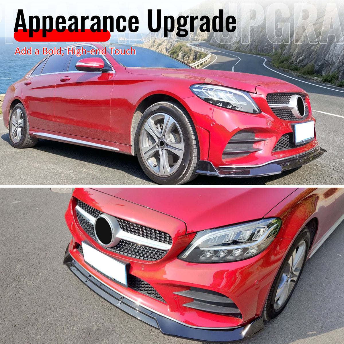For 19-22 Benz W205 C-Class C200 C300 C180 BR Style Front Bumper Lip Gloss Black