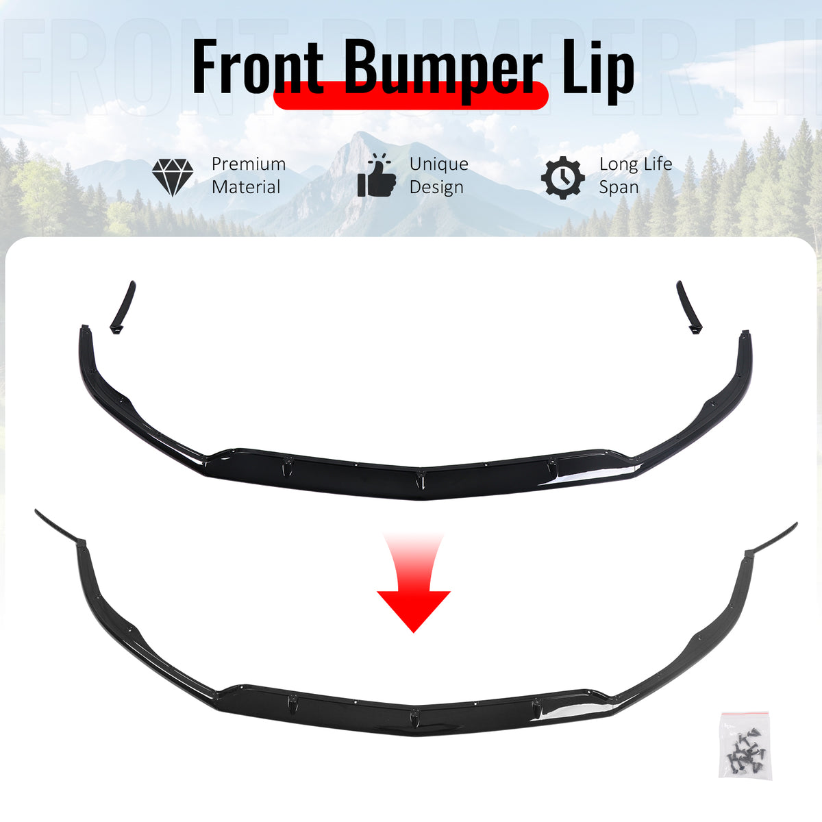 Fits 15-21 Benz C-Class W205 C63 AMG S Front Bumper Lip Spoiler Gloss Black PP