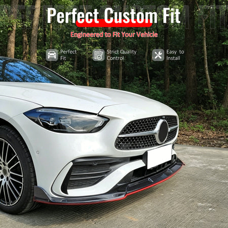 IKON MOTORSPORTS Front Bumper Lip, Compatible with 2022-2026 Benz W206 C-Class C200 C300 Sedan C43 AMG, BR Style Carbon Fiber Print PP Polypropylene Add-on Air Dam Chin Spoiler Protector Splitter 3PCS