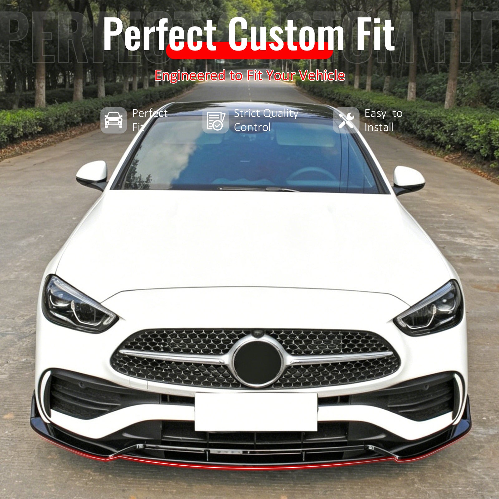 IKON MOTORSPORTS Front Bumper Lip, Compatible with 2022-2026 Benz W206 C-Class C200 C300 Sedan C43 AMG, BR Style Gloss Black PP Polypropylene Add-on Air Dam Chin Spoiler Protector Splitter 3PCS