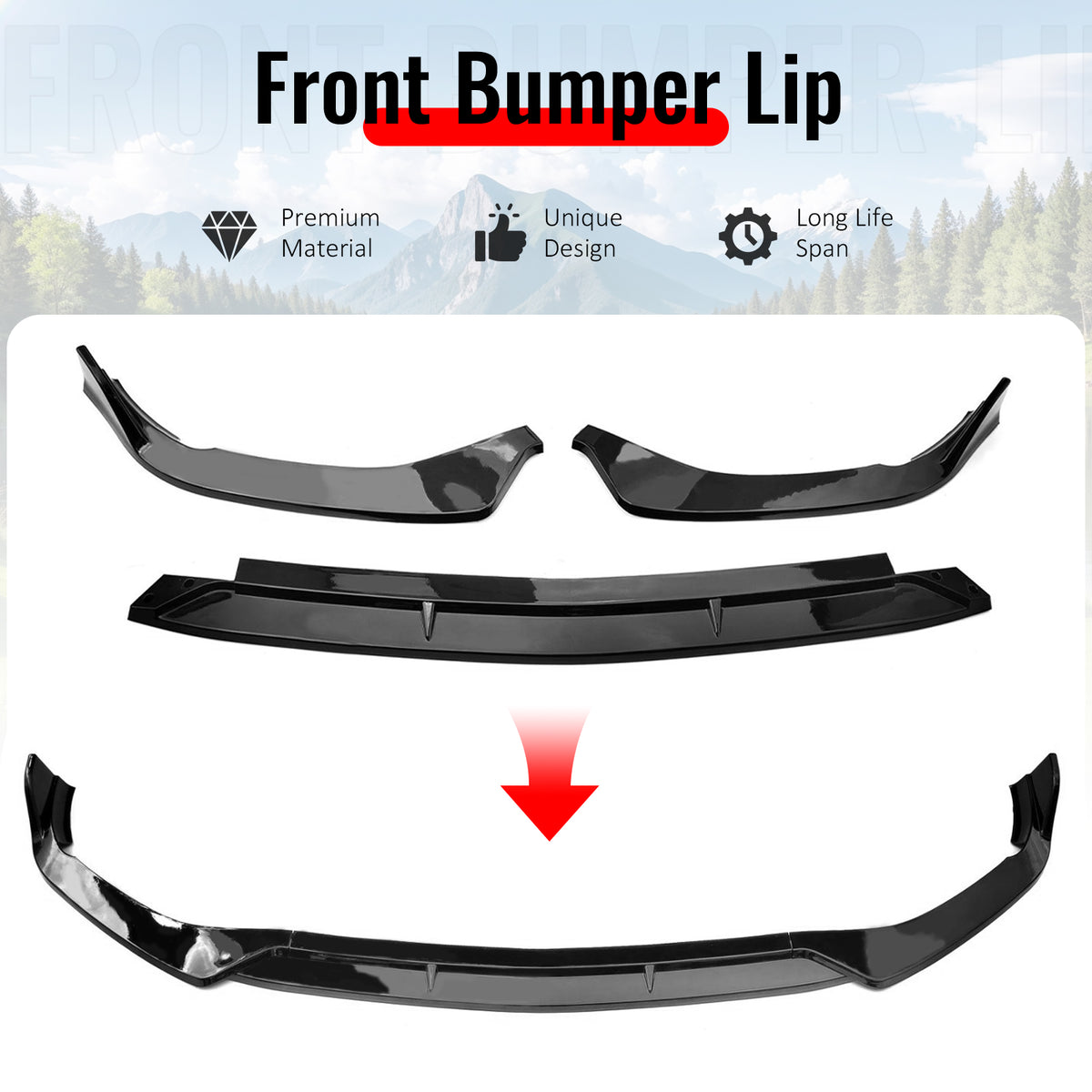 Fits 22-26 Benz W206 C-Class C200 C300 4DR BR Style Front Bumper Lip Gloss Black