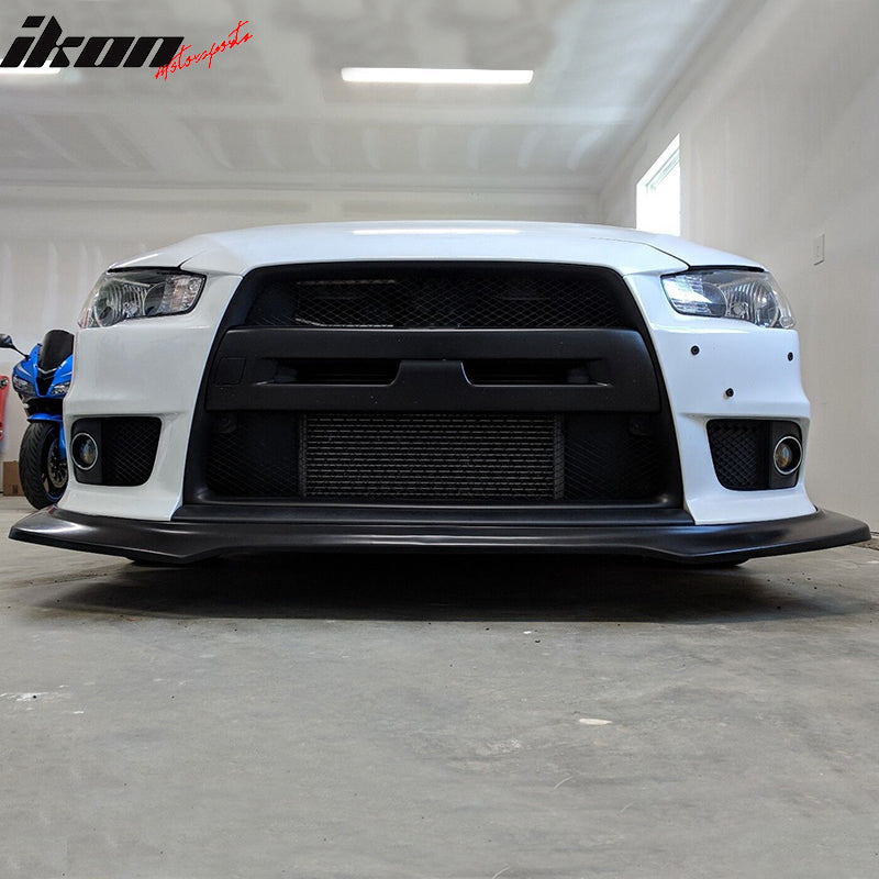 Front Bumper Lip Compatible With 2008-2015 Mitsubishi Lancer  Evo X 10 Only, R Style Black PU Front Lip Finisher Under Chin Spoiler Add On by IKON MOTORSPORTS