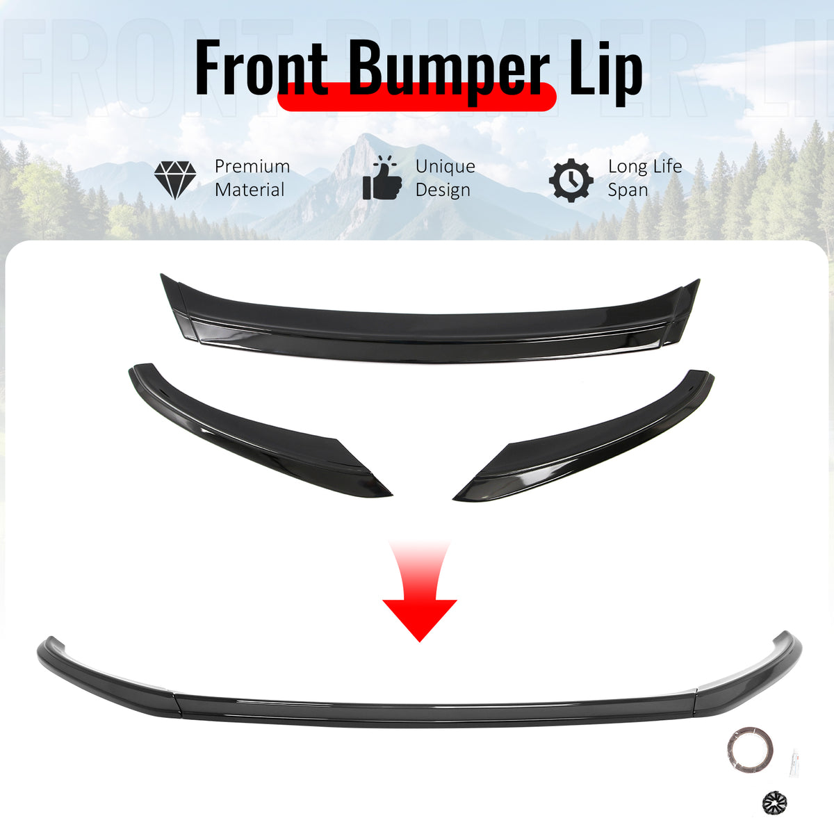 Fits 16-24 Mini F54 Cooper Clubman S MX Style Front Bumper Lip Gloss Black 3PCS