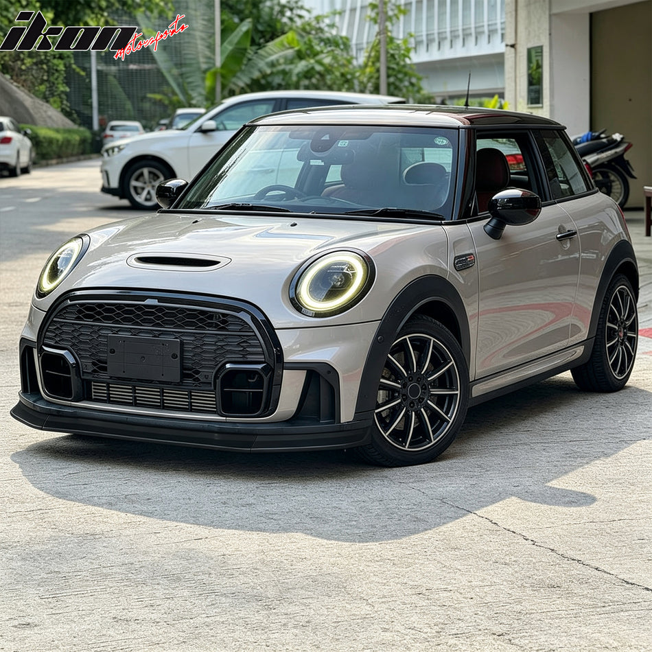 IKON MOTORSPORTS Front Bumper Lip, Compatible with 2022-2024 Mini Cooper F55 F56 Hardtop JCW Hatchback, DAG Style Gloss Black ABS Add-on Air Dam Chin Spoiler Protector Splitter 3PCS