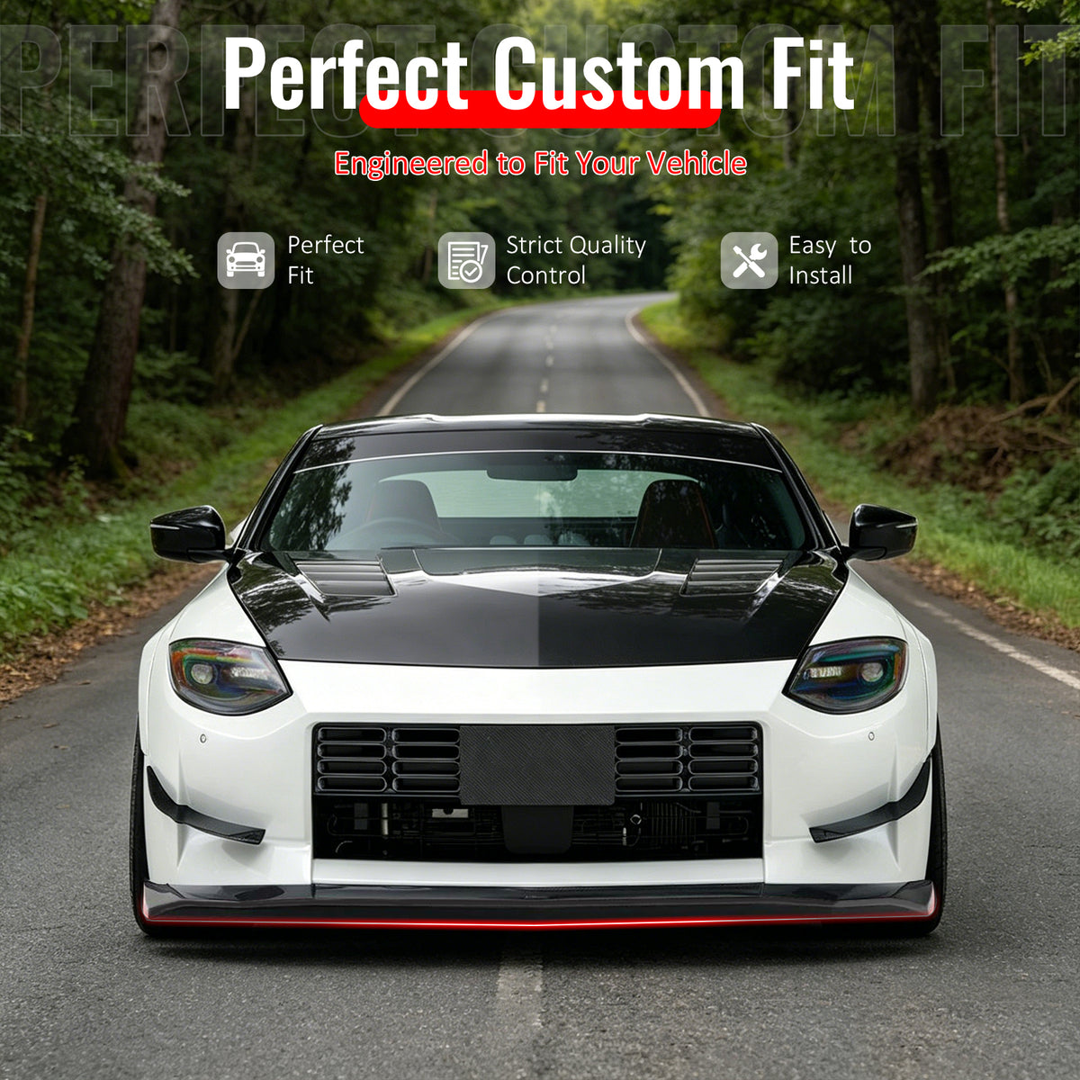 IKON MOTORSPORTS Front Bumper Lip, Compatible with 2023-2026 Nissan Z (400Z), IKON Style Gloss Black ABS Plastic Add-on Air Dam Chin Spoiler Protector Splitter 3PCS