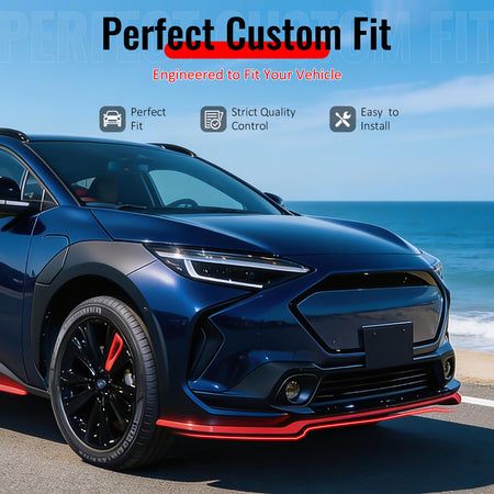 IKON MOTORSPORTS Front Bumper Lip, Compatible with 2023-2025 Subaru Solterra, ST Style Gloss Black ABS Add-on Air Dam Chin Spoiler Protector Splitter 3PCS