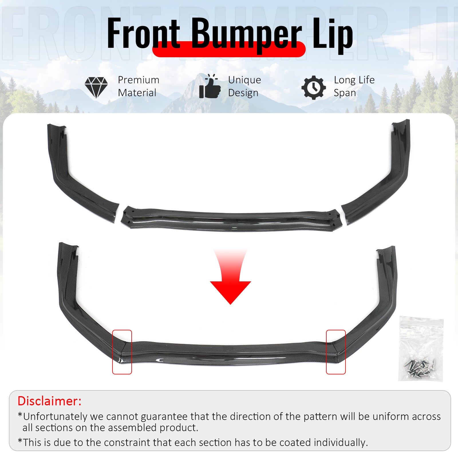 Fits 15-21 Subaru WRX STI Front Bumper Lip 3PC CS Style Carbon Fiber Print Kit