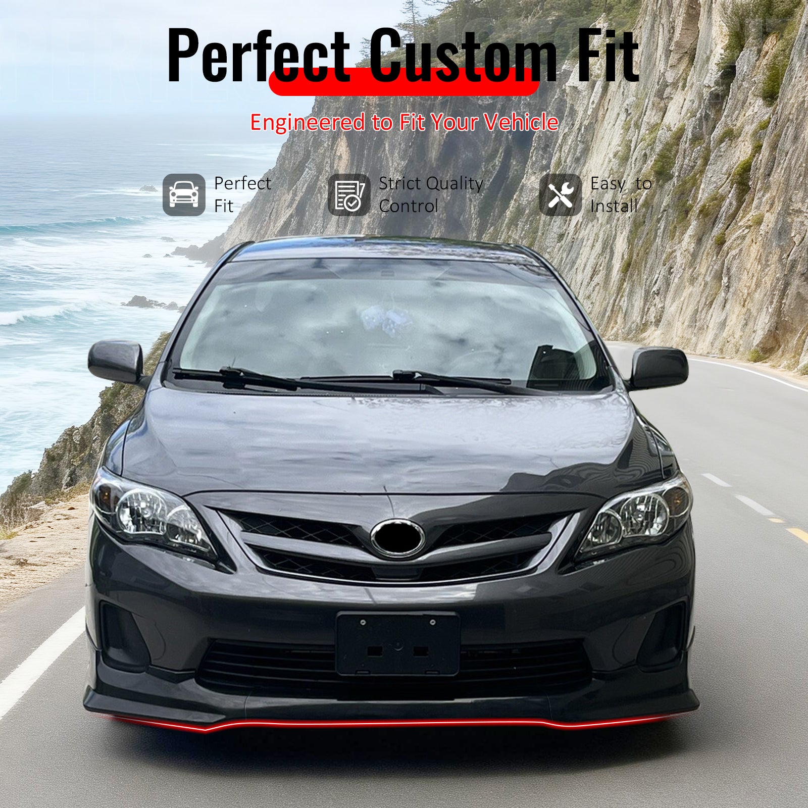 IKON MOTORSPORTS Front Bumper Lip, Compatible with 2011-2013 Toyota Corolla All Models, T Style Gloss Black PP Add-on Air Dam Chin Spoiler Protector Splitter 3PCS