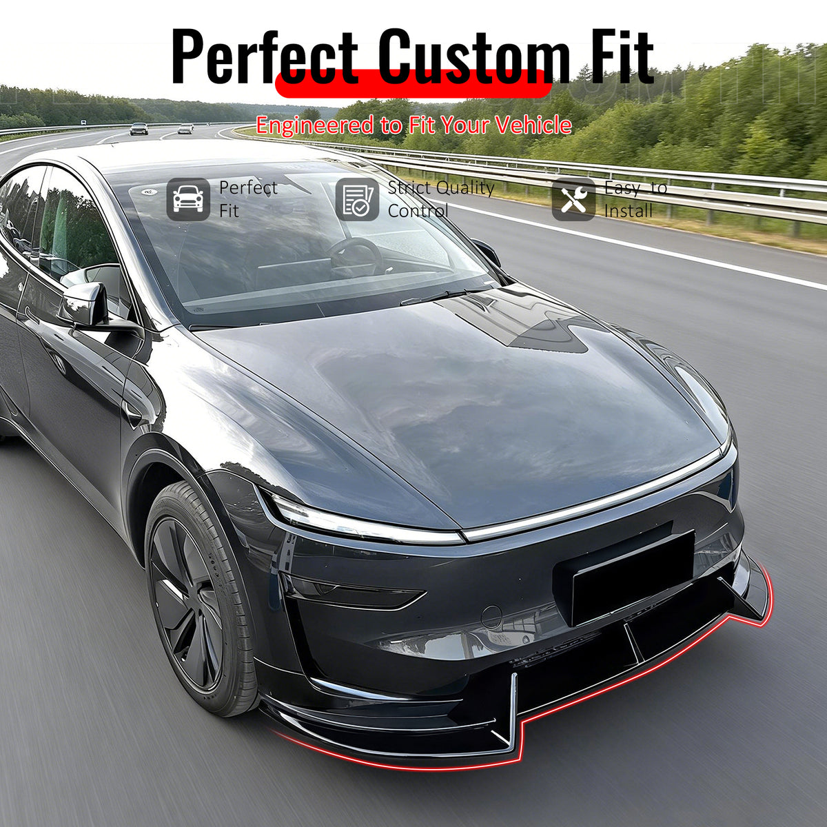 IKON MOTORSPORTS Front Bumper Lip Splitters, Compatible with 2026 Tesla Model Y Juniper Premium Models, IKON Style Matte Black ABS Plastic Air Dam Chin Spoiler Protector Splitter 3PCS