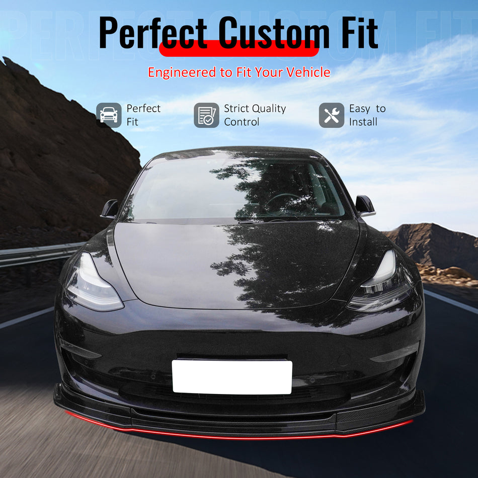 IKON MOTORSPORTS Front Bumper Lip, Compatible with 2017-2023 Tesla Model 3, IKON V4 Style Carbon Fiber ABS Air Dam Chin Spoiler Protector Splitter 3PCS