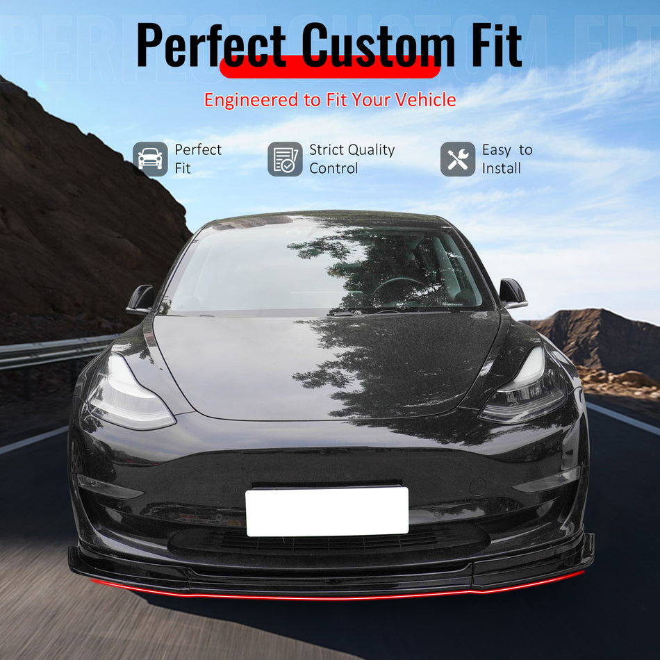 IKON MOTORSPORTS Front Bumper Lip, Compatible with 2017-2023 Tesla Model 3, IKON V4 Style Gloss Black ABS Air Dam Chin Spoiler Protector Splitter 3PCS