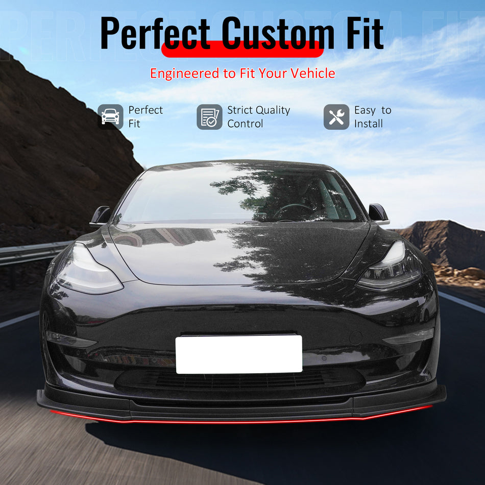 IKON MOTORSPORTS Front Bumper Lip, Compatible with 2017-2023 Tesla Model 3, IKON V4 Style Matte Black ABS Air Dam Chin Spoiler Protector Splitter 3PCS