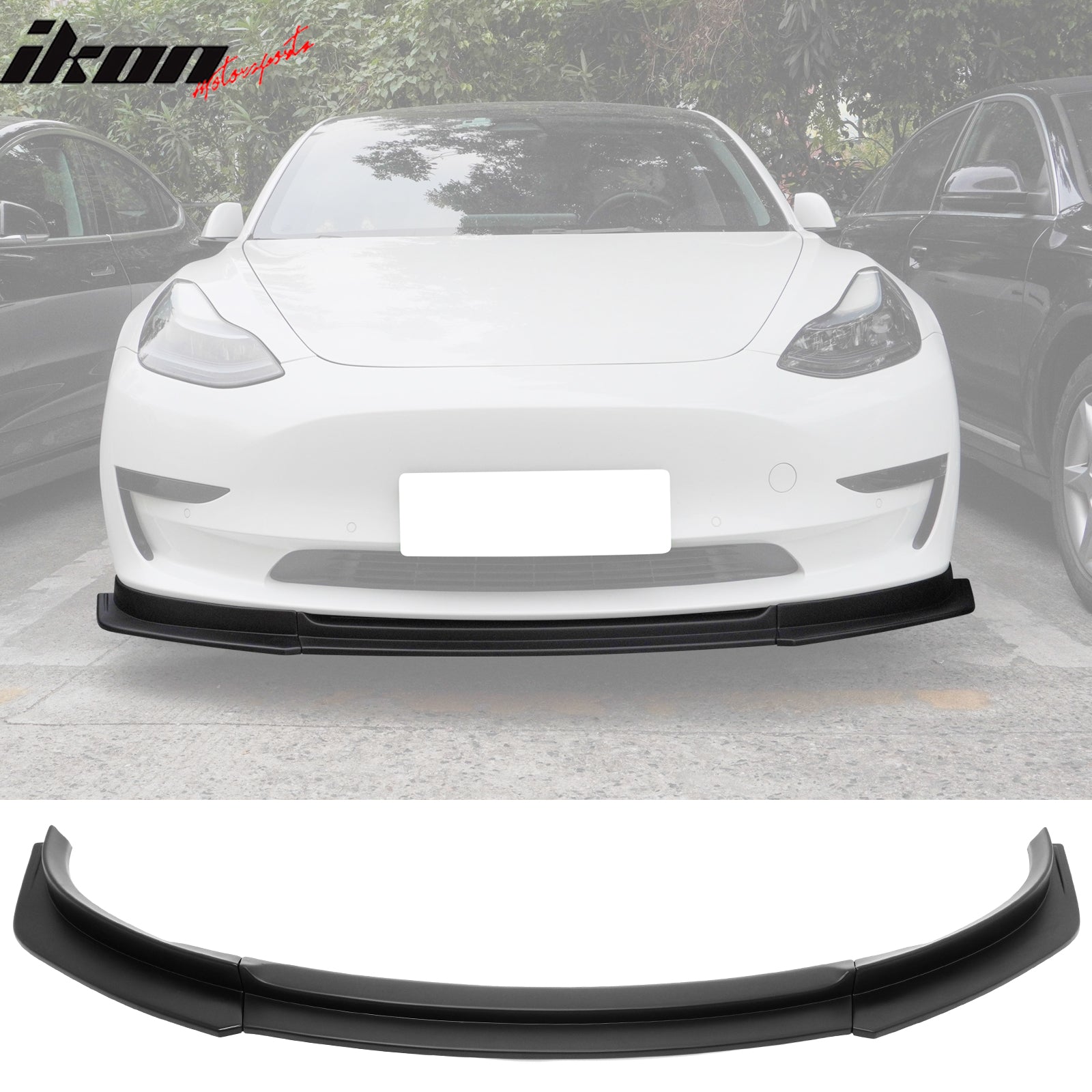 IKON MOTORSPORTS Front Bumper Lip, Compatible with 2017-2023 Tesla Model 3, IKON V4 Style ABS Air Dam Chin Spoiler Protector Splitter 3PCS
