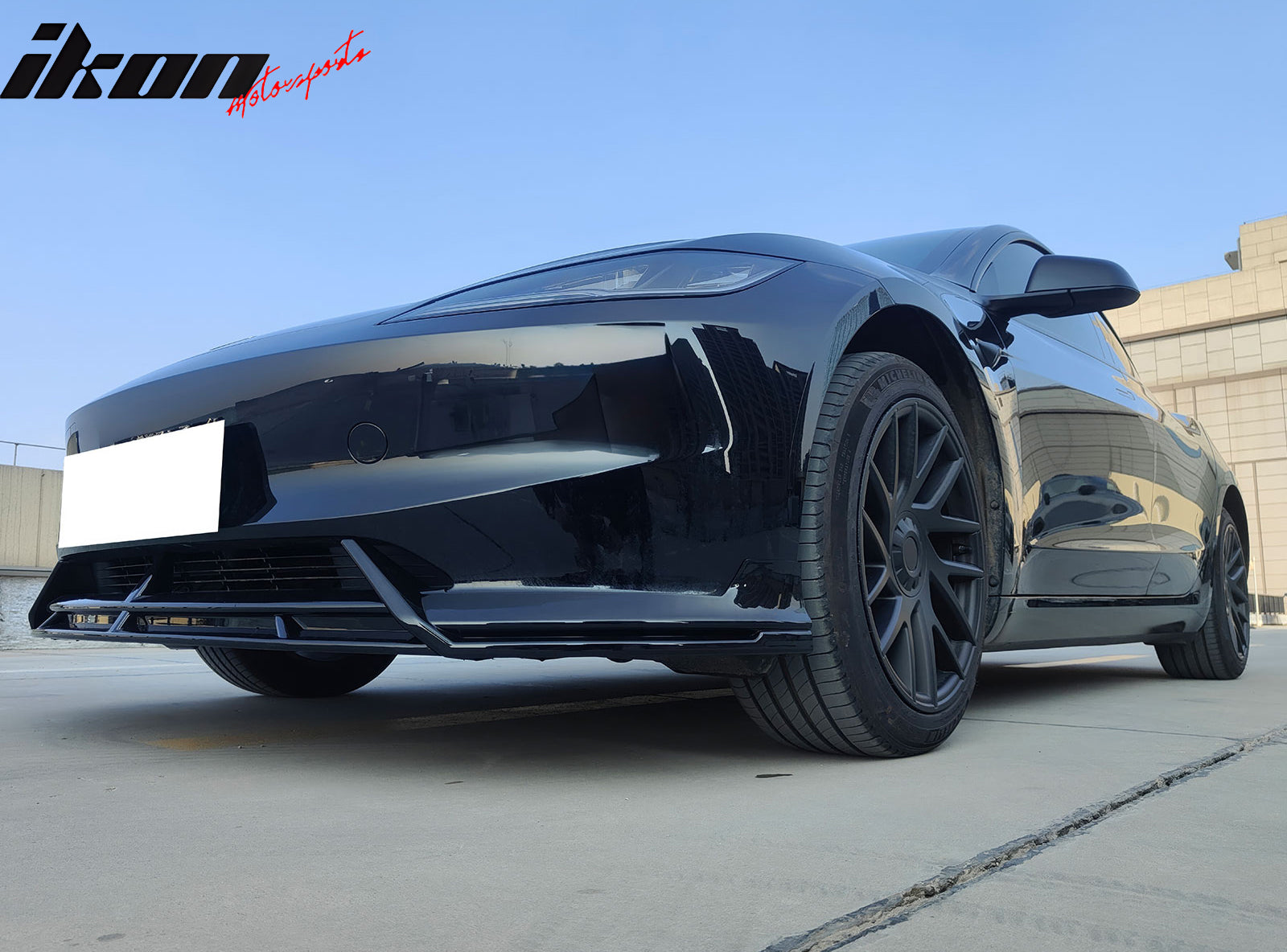 Fit 24-25 Tesla Model 3 3PCS IKON2 Style Front Bumper Lip Spoiler Matte Black PP