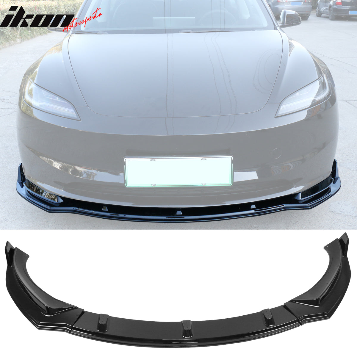 Fits 24-25 Tesla Model 3 3PCS IKON Style Front Bumper Lip Spoiler Matte Black PP