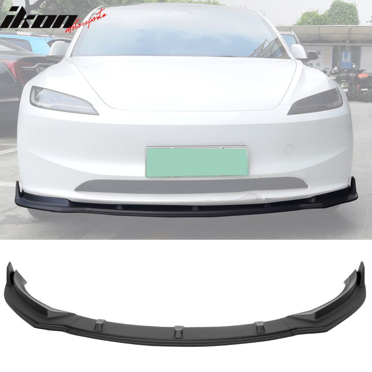 IKON MOTORSPORTS Front Bumper Lip, Compatible with 2024-2025 Tesla Model 3, IKON Style Injection PP Air Dam Chin Spoiler Protector Splitter 3PCS