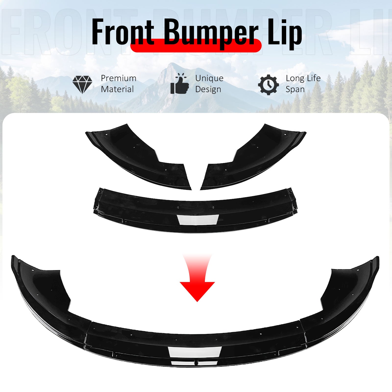 Fits 24-26 Tesla Model 3 IKON V4 Style Front Bumper Lip Spoiler Gloss Black 3PCS