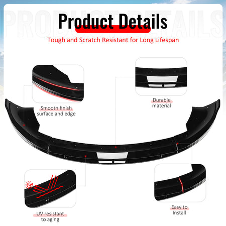 Fits 24-26 Tesla Model 3 IKON V4 Style Front Bumper Lip Spoiler Gloss Black 3PCS