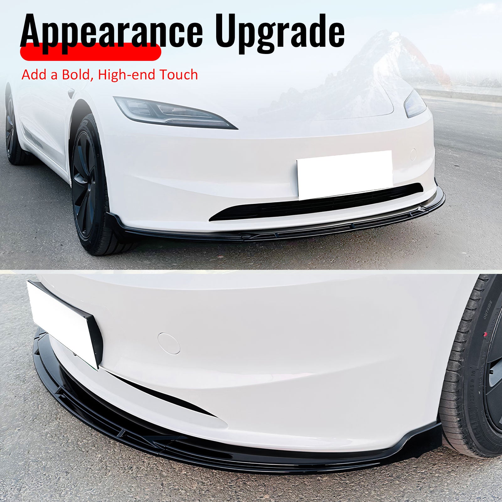 Fits 24-26 Tesla Model 3 IKON V4 Style Front Bumper Lip Spoiler Gloss Black 3PCS
