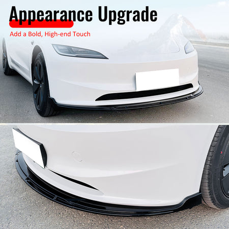 Fits 24-26 Tesla Model 3 IKON V4 Style Front Bumper Lip Spoiler Gloss Black 3PCS