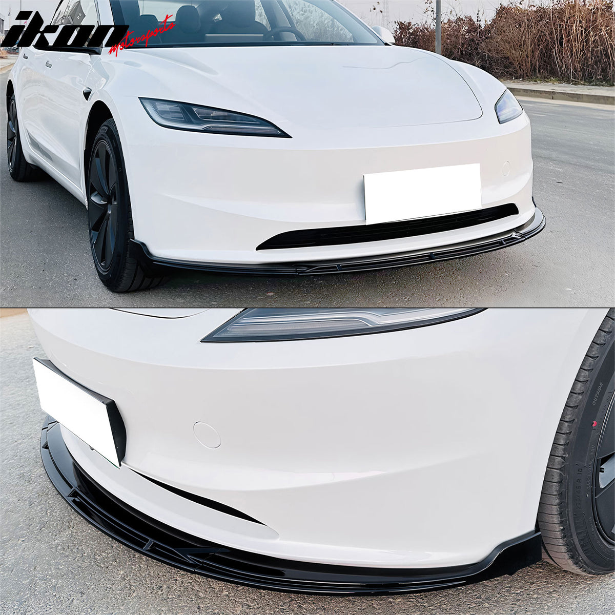 Fits 24-26 Tesla Model 3 IKON V4 Style Front Bumper Lip Spoiler Gloss Black 3PCS