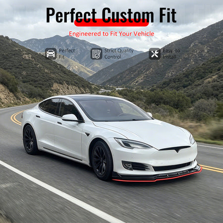 IKON MOTORSPORTS Front Bumper Lip, Compatible with 2016-2021 Tesla Model S, Carbon Fiber Print PP Injection Added-on Air Dam Chin Spoiler Protector Splitter 3PCS