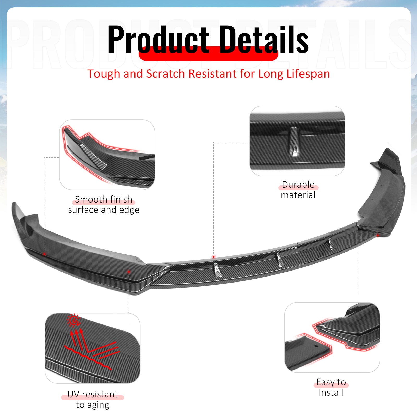 For 16-21 Tesla Model S Front Bumper Lip Splitter Splitter PP Carbon Fiber Print