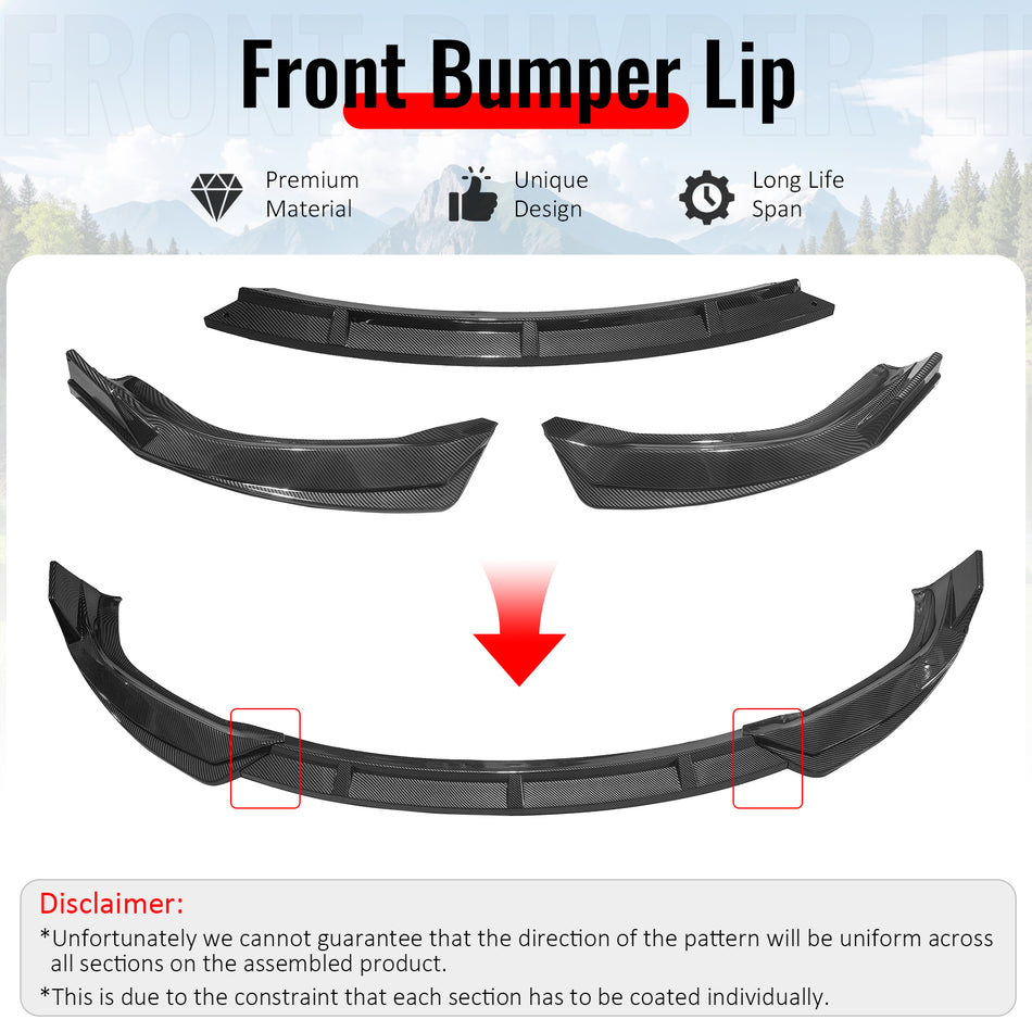 IKON MOTORSPORTS Front Bumper Lip, Compatible with 2016-2021 Tesla Model X, Carbon Fiber Print PP Injection Added-on Air Dam Chin Spoiler Protector Splitter 3PCS