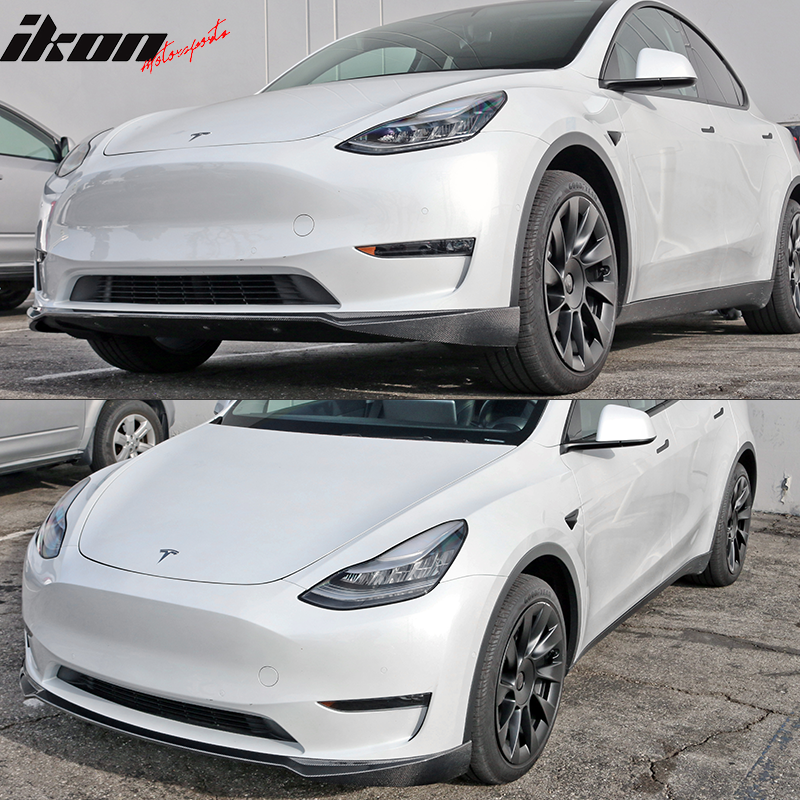 IKON MOTORSPORTS, Front Bumper Lip Compatible With 2020-2024 Tesla Model Y, IKON Style Carbon Fiber IKON Style Front Lip Spoiler Lower Splitter Bodykit, 2021