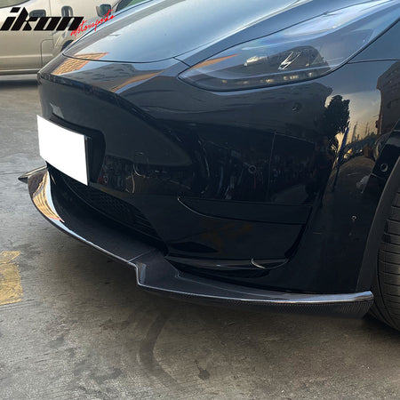 Fits 20-23 Tesla Y Track Pack Carbon Fiber Gloss Black Front Bumper Lip - 3PCS
